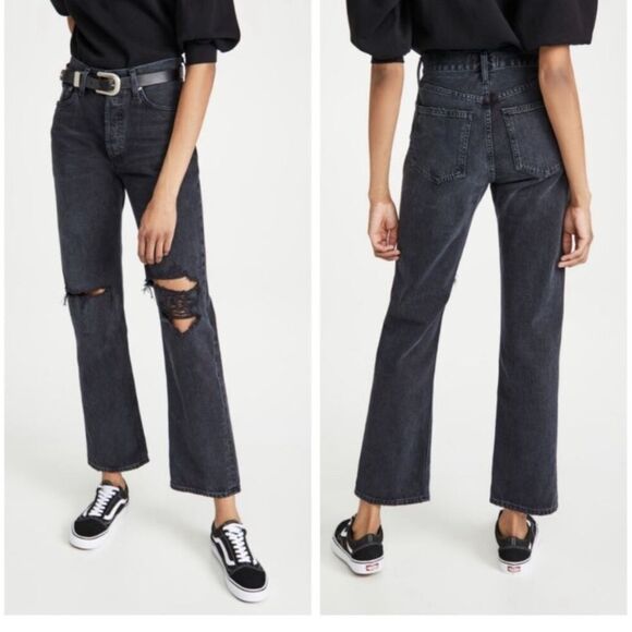 Agolde Lana Mid Rise Straight Leg Jeans Black Distressed- Size 26 - Picture 1 of 11